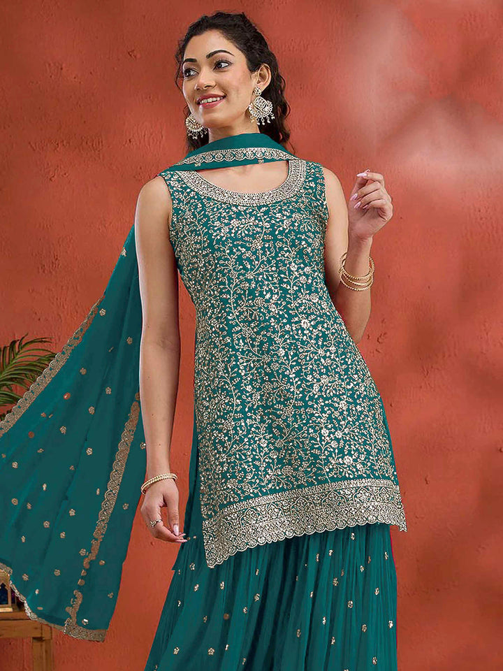 Blue Georgette Embroidered Short Kurti With Flared Palazzo &amp; Dupatta