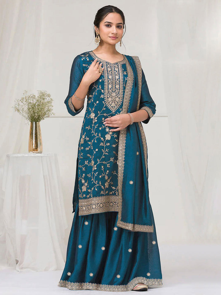 Peacock Blue Art Silk Embroidered Kurta With Flared Palazzo &amp; Dupatta