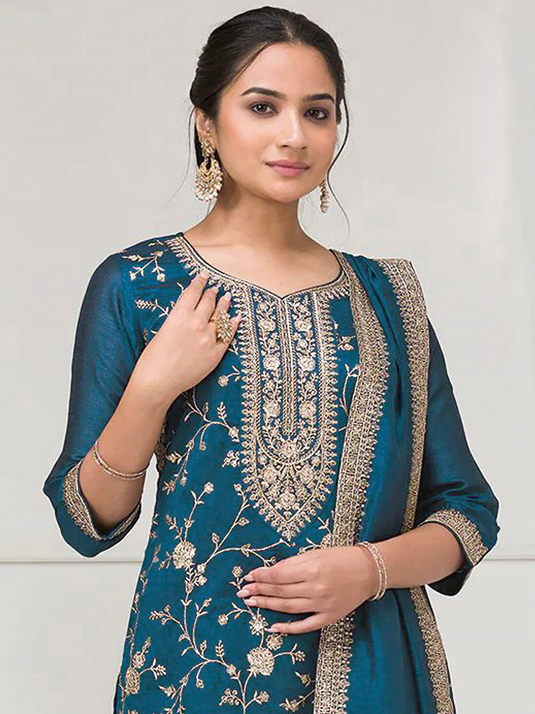 Peacock Blue Art Silk Embroidered Kurta With Flared Palazzo &amp; Dupatta