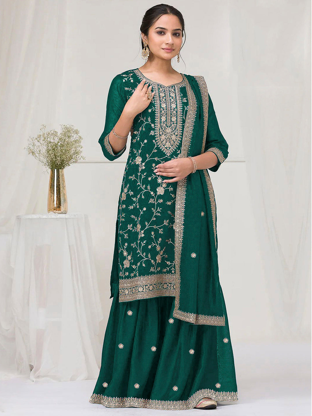 Emerald-Green Art Silk Embroidered Kurta With Flared Palazzo &amp; Dupatta