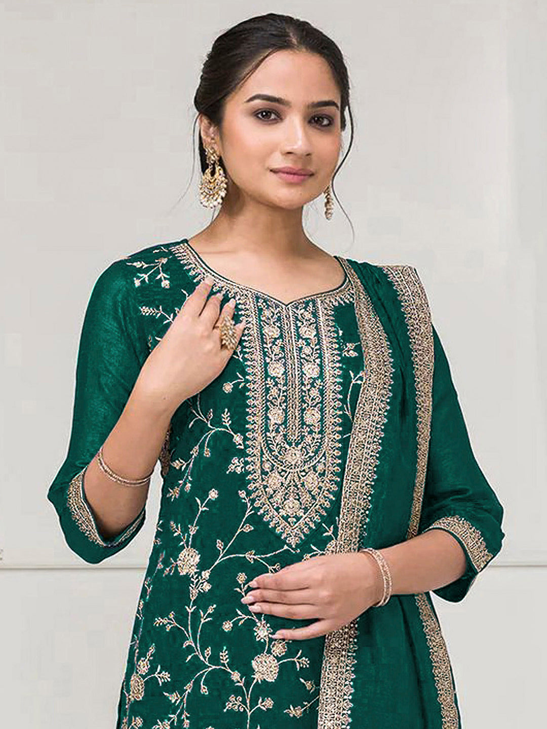 Emerald-Green Art Silk Embroidered Kurta With Flared Palazzo &amp; Dupatta