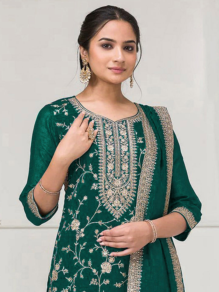 Emerald-Green Art Silk Embroidered Kurta With Flared Palazzo &amp; Dupatta