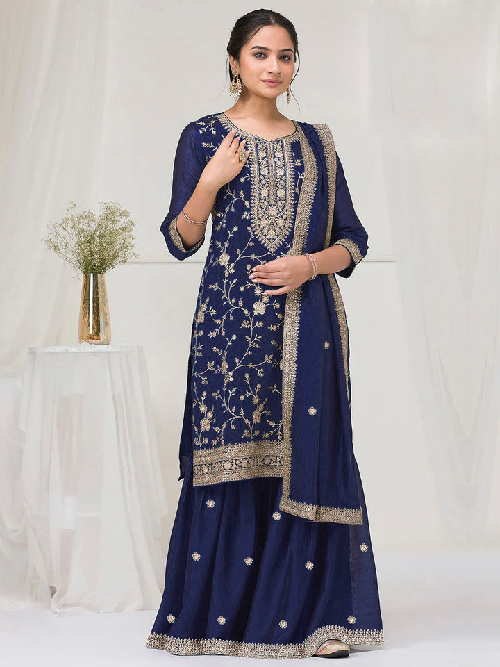 Navy Blue Art Silk Embroidered Kurta With Flared Palazzo &amp; Dupatta
