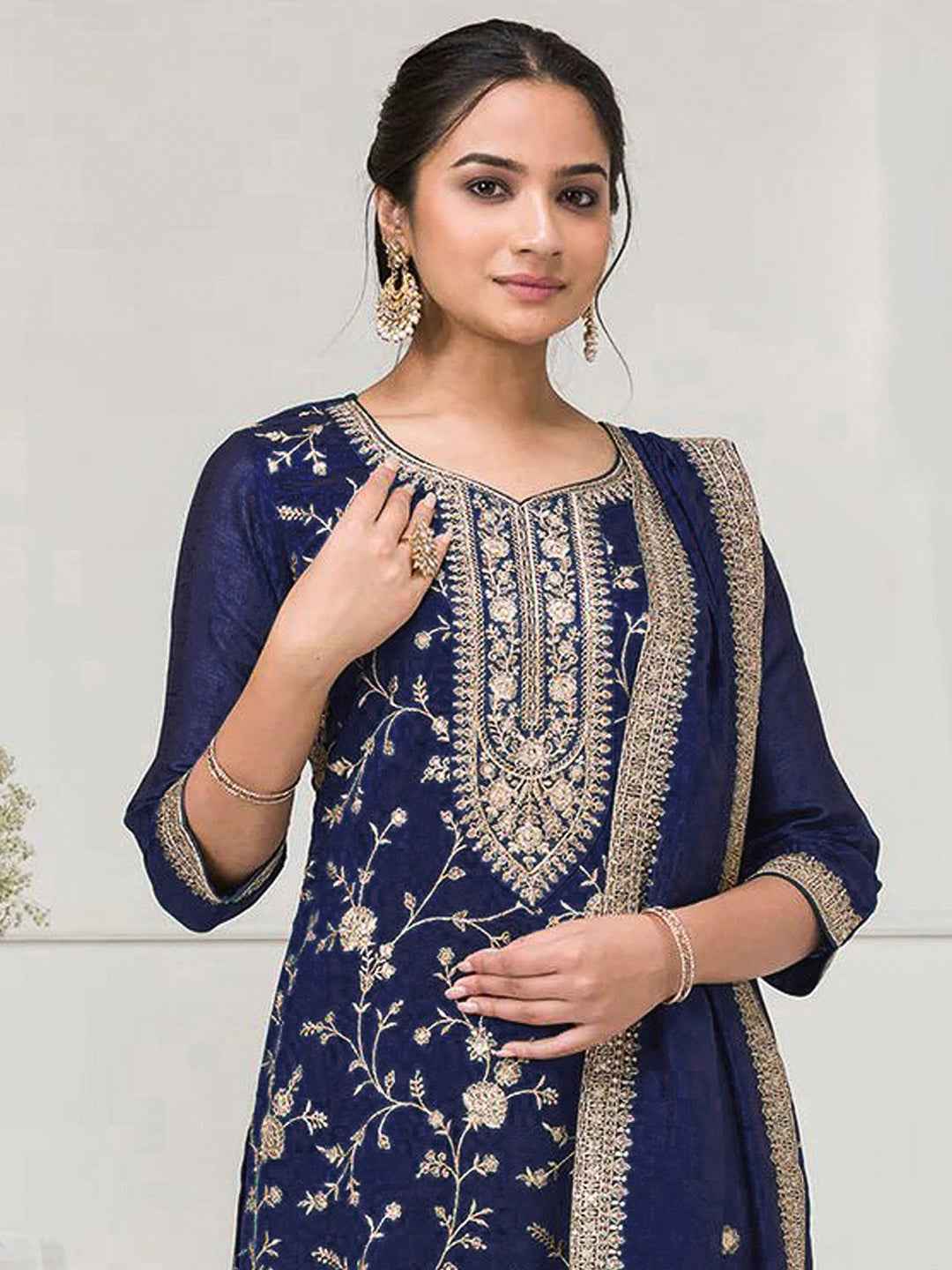 Navy Blue Art Silk Embroidered Kurta With Flared Palazzo &amp; Dupatta