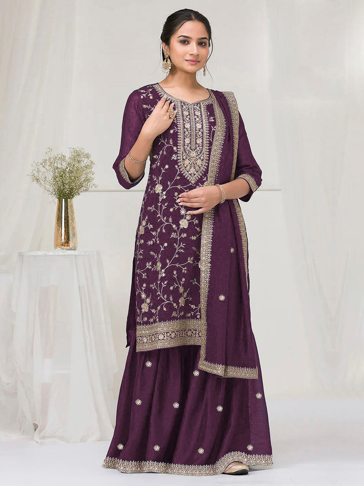 Purple Art Silk Embroidered Kurta With Flared Palazzo &amp; Dupatta