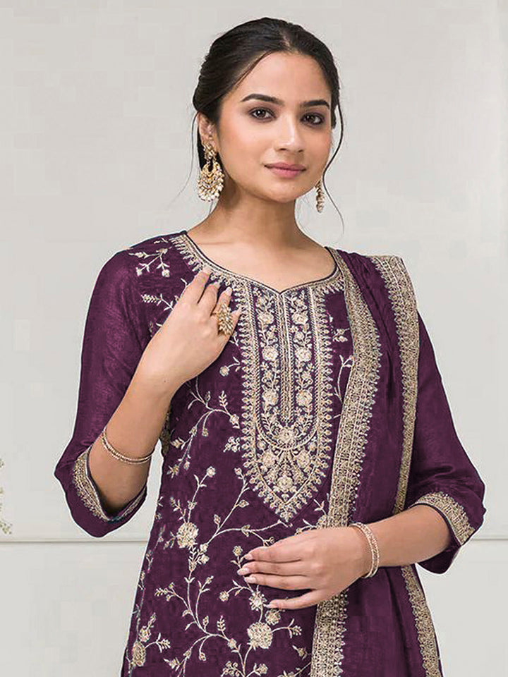 Purple Art Silk Embroidered Kurta With Flared Palazzo &amp; Dupatta
