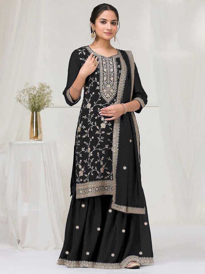 Black Art Silk Embroidered Kurta With Flared Palazzo &amp; Dupatta