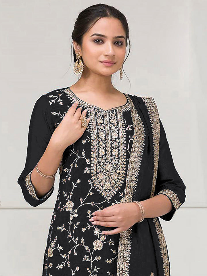 Black Art Silk Embroidered Kurta With Flared Palazzo &amp; Dupatta