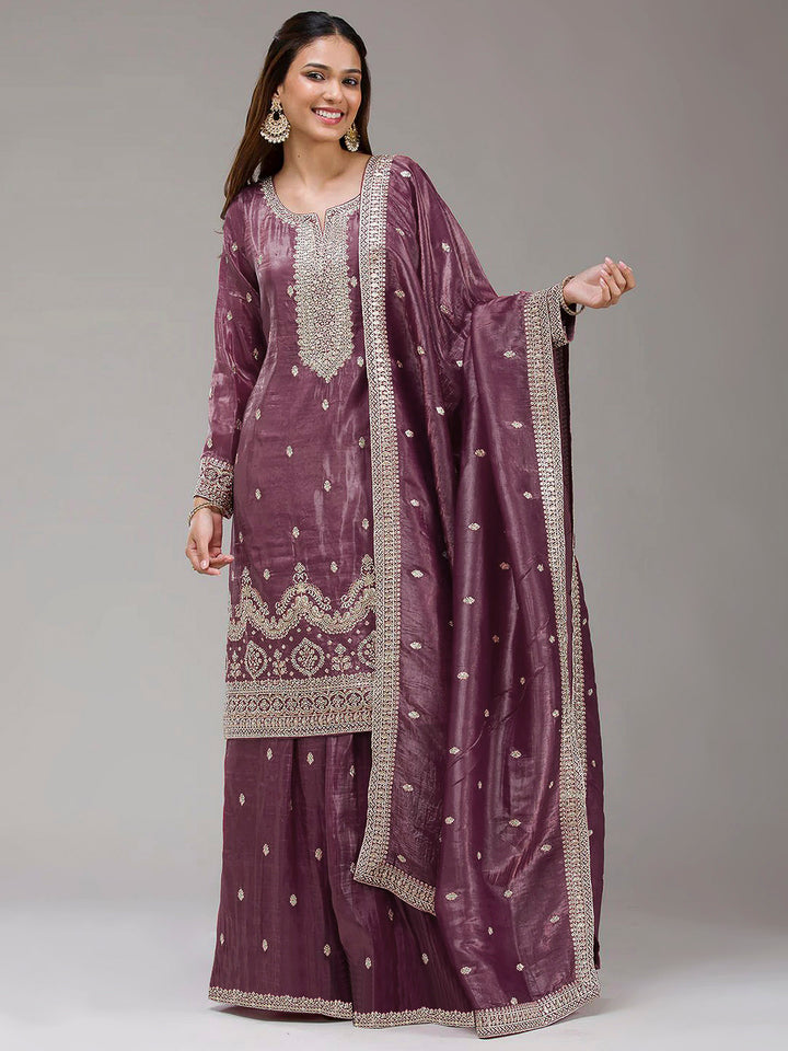 Wine Art Silk Embroidered Kurta With Flared Palazzo &amp; Dupatta
