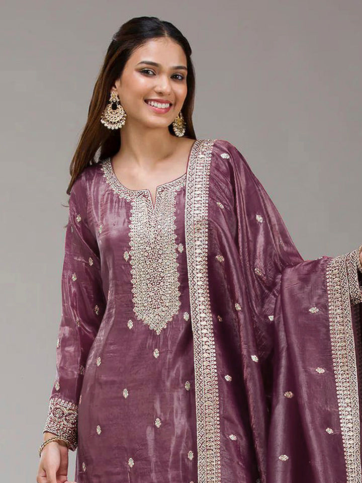 Wine Art Silk Embroidered Kurta With Flared Palazzo &amp; Dupatta