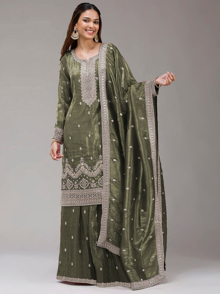 Olive Green Art Silk Embroidered Kurta With Flared Palazzo &amp; Dupatta
