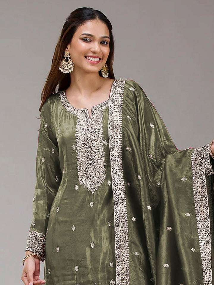 Olive Green Art Silk Embroidered Kurta With Flared Palazzo &amp; Dupatta