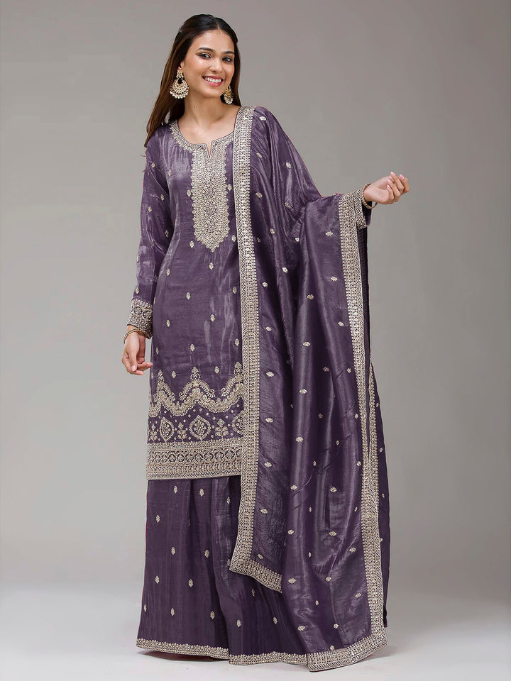 Lavender Art Silk Embroidered Kurta With Flared Palazzo &amp; Dupatta