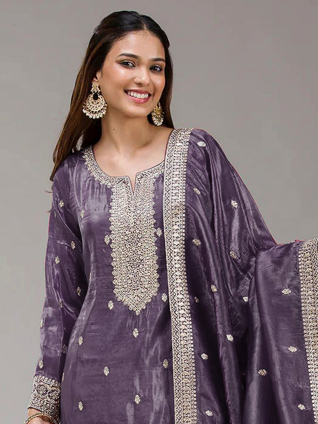 Lavender Art Silk Embroidered Kurta With Flared Palazzo &amp; Dupatta