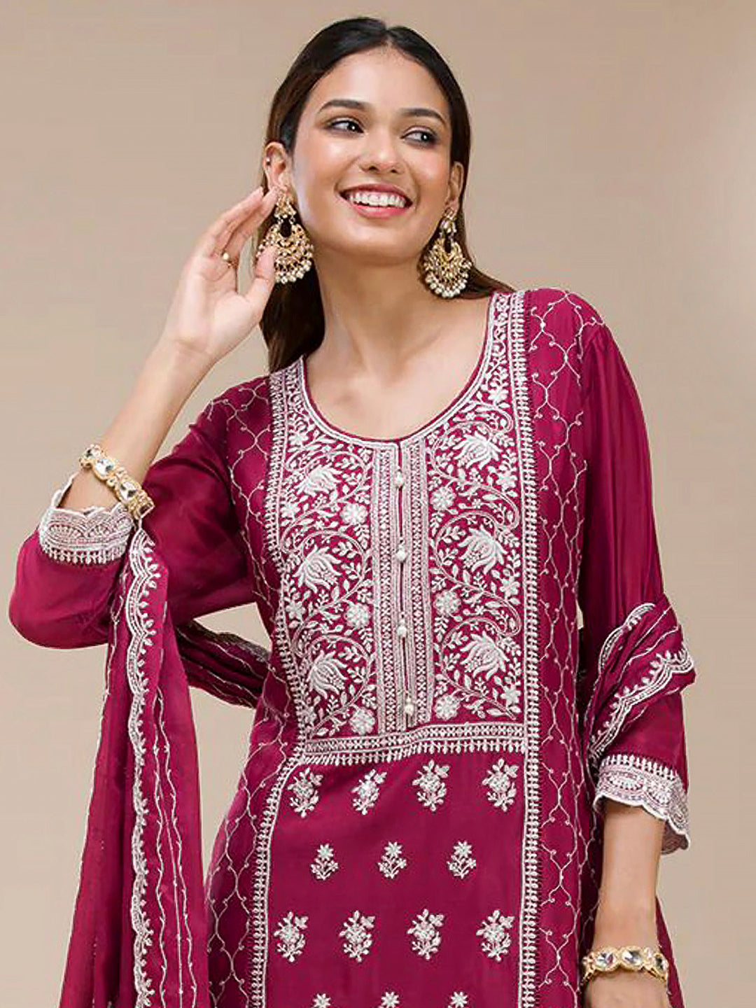 Magenta Georgette Embroidered Kurta With Flared Palazzo &amp; Dupatta