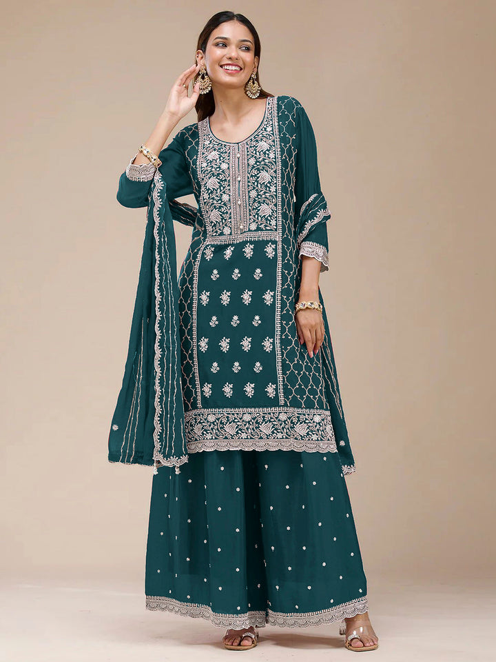 Teal Blue Georgette Embroidered Kurta With Flared Palazzo &amp; Dupatta