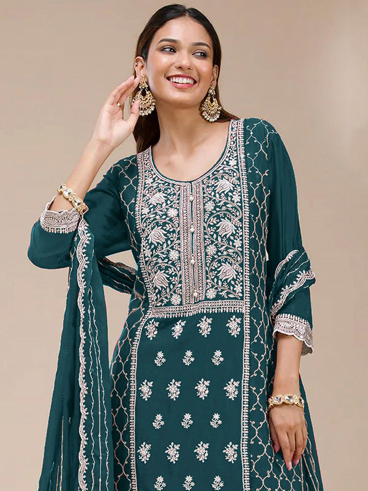 Teal Blue Georgette Embroidered Kurta With Flared Palazzo &amp; Dupatta