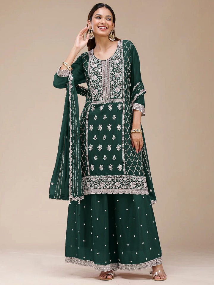 Bottle Green Georgette Embroidered Kurta With Flared Palazzo &amp; Dupatta