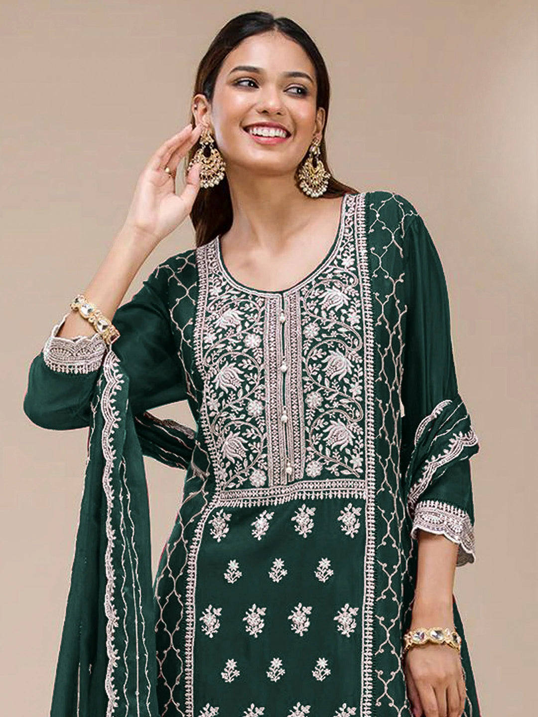 Bottle Green Georgette Embroidered Kurta With Flared Palazzo &amp; Dupatta
