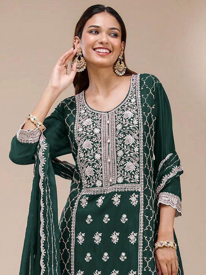 Bottle Green Georgette Embroidered Kurta With Flared Palazzo &amp; Dupatta