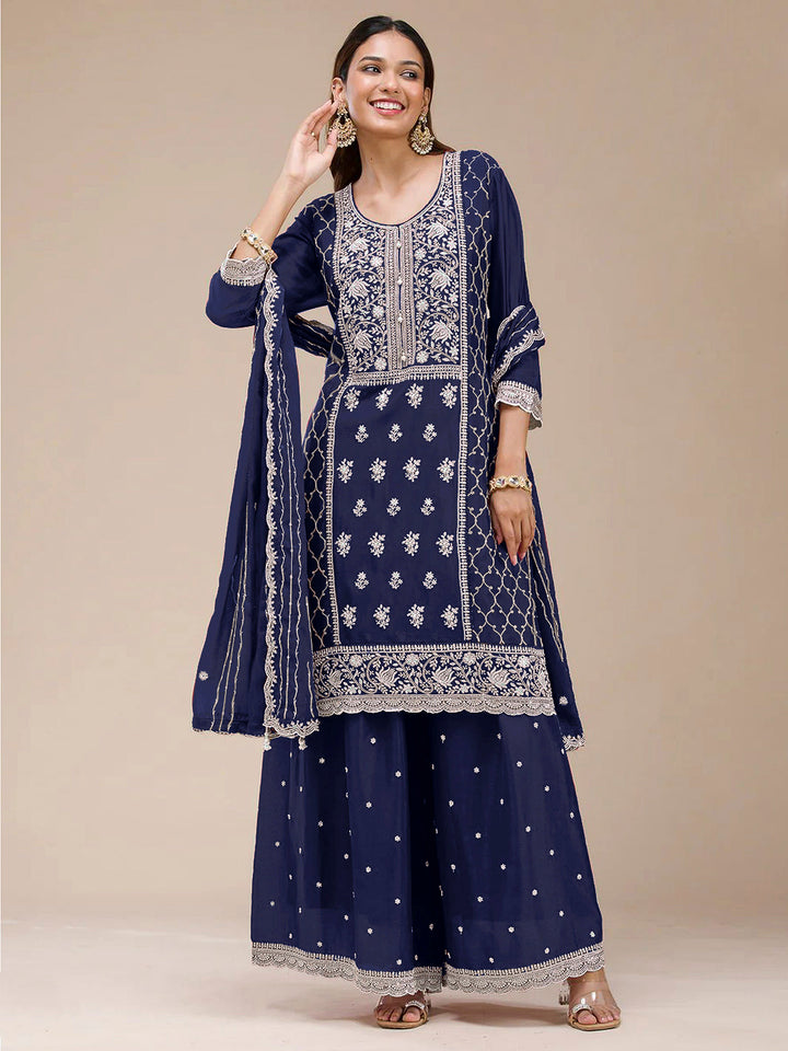 Royal Blue Georgette Embroidered Kurta With Flared Palazzo &amp; Dupatta