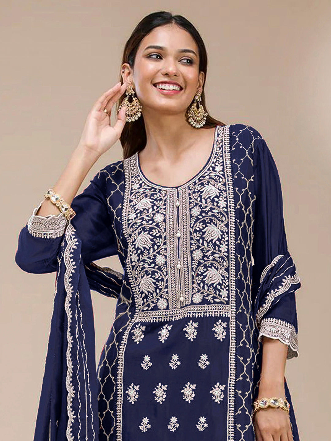 Royal Blue Georgette Embroidered Kurta With Flared Palazzo &amp; Dupatta