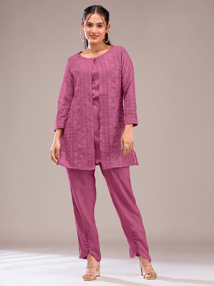 Mauve Georgette Embroidered Jacket short-kurti With Pant &amp; Dupatta