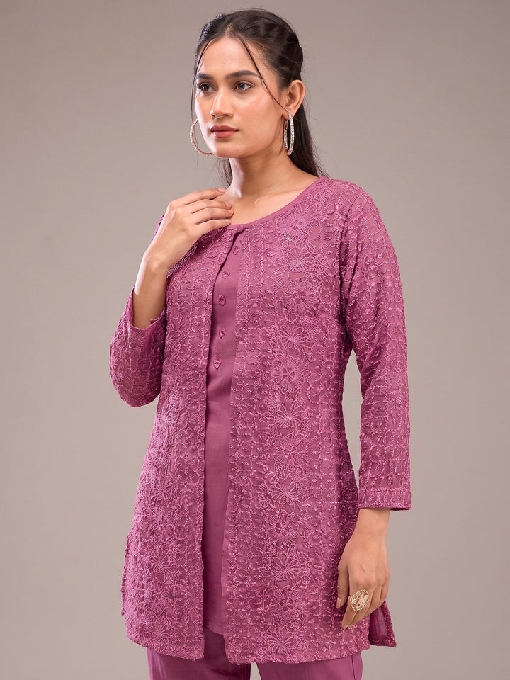 Mauve Georgette Embroidered Jacket short-kurti With Pant &amp; Dupatta