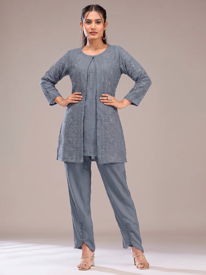 Steel Grey Georgette Embroidered Jacket short-kurti With Pant &amp; Dupatta