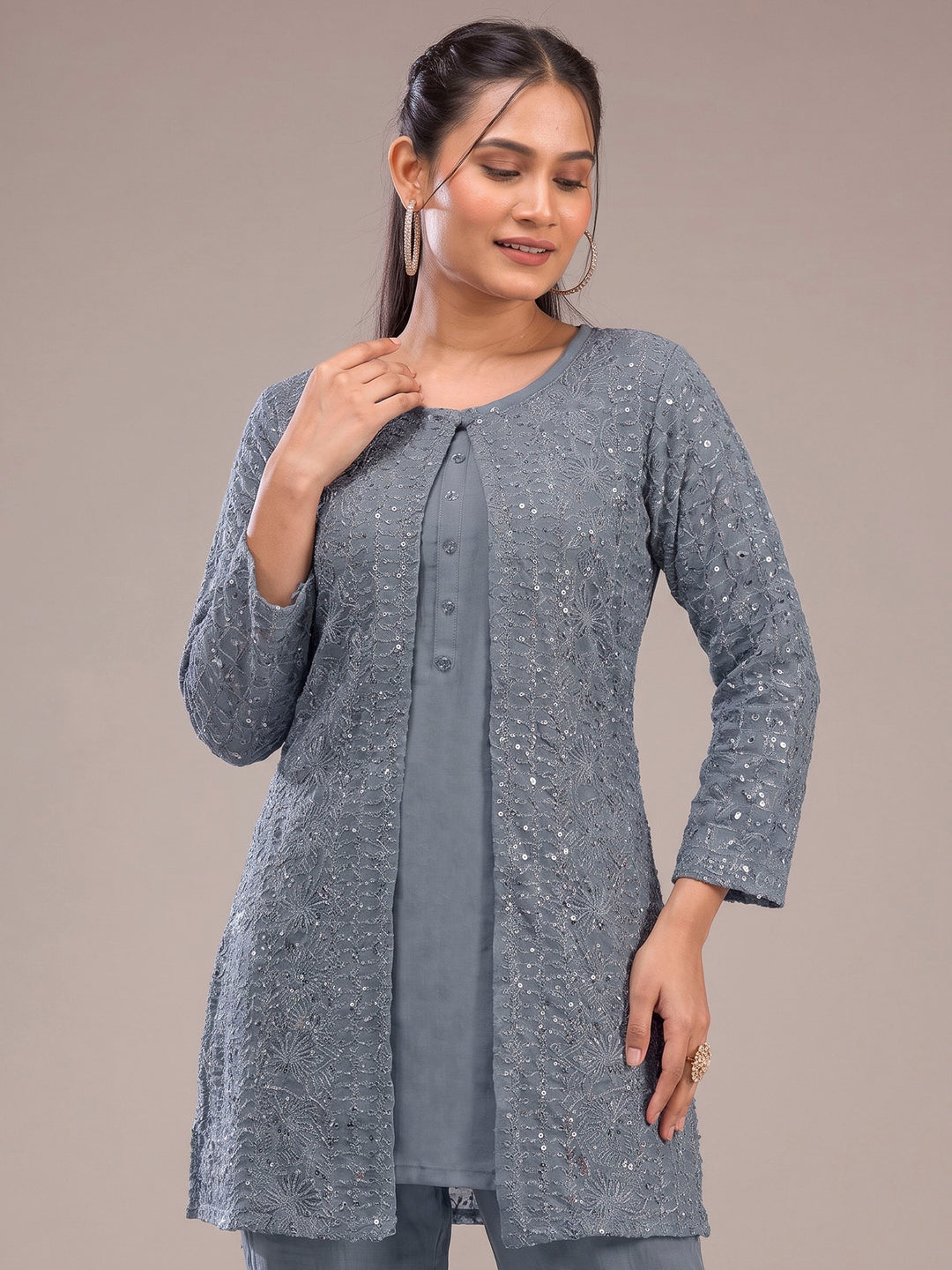 Steel Grey Georgette Embroidered Jacket short-kurti With Pant &amp; Dupatta