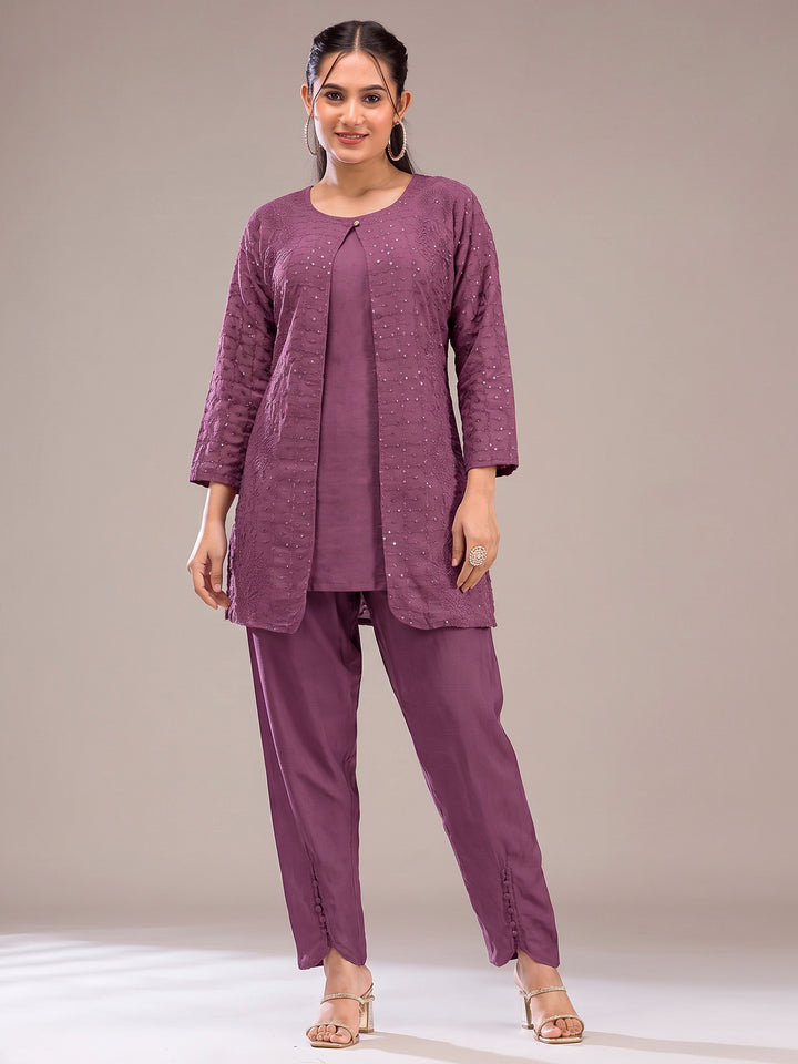 Purple Georgette Embroidered Jacket short-kurti With Pant &amp; Dupatta