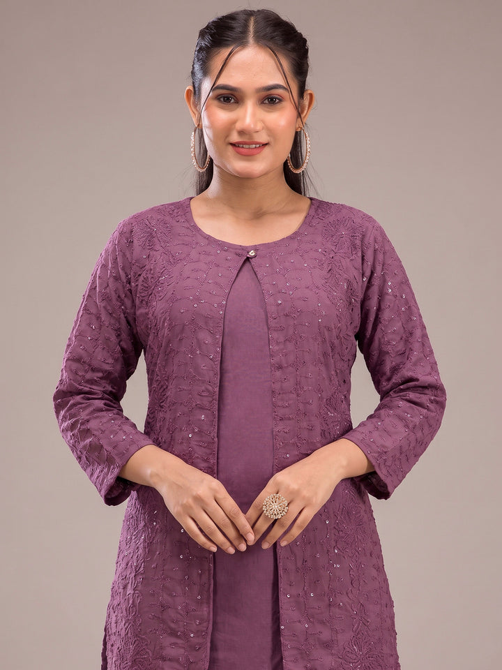 Purple Georgette Embroidered Jacket short-kurti With Pant &amp; Dupatta