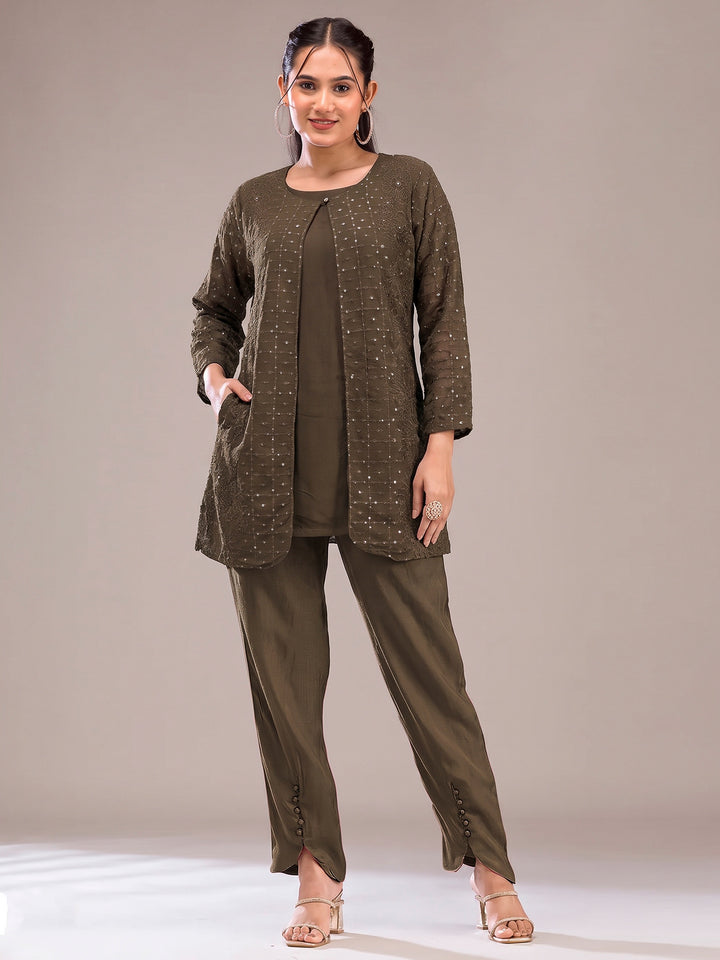 Brown Georgette Embroidered Jacket short-kurti With Pant &amp; Dupatta