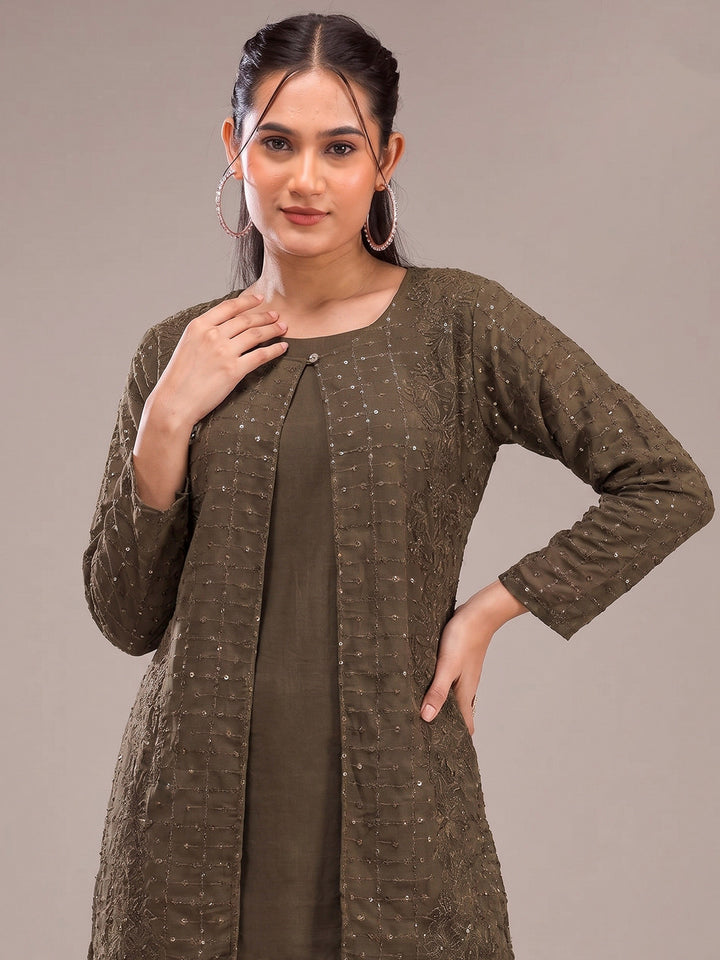 Brown Georgette Embroidered Jacket short-kurti With Pant &amp; Dupatta