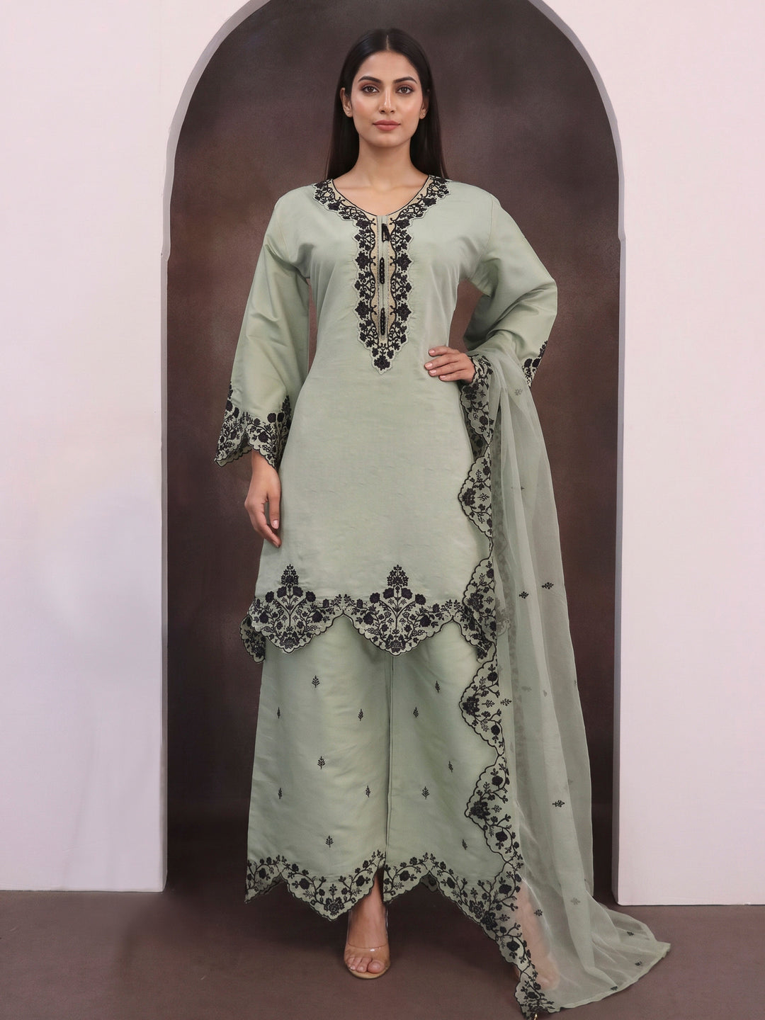 Pista Green Art Silk Embroidered Semi Stitched Short Kurta With Palazzo &amp; Dupatta