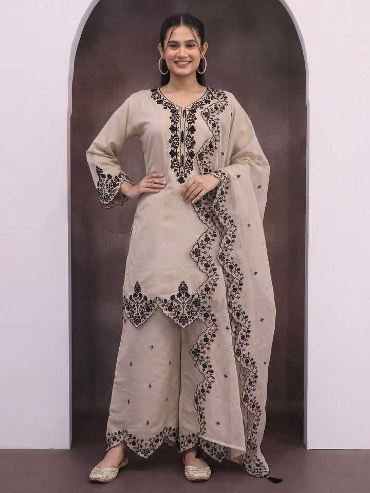 Cream Art Silk Embroidered Semi Stitched Short Kurta With Palazzo &amp; Dupatta