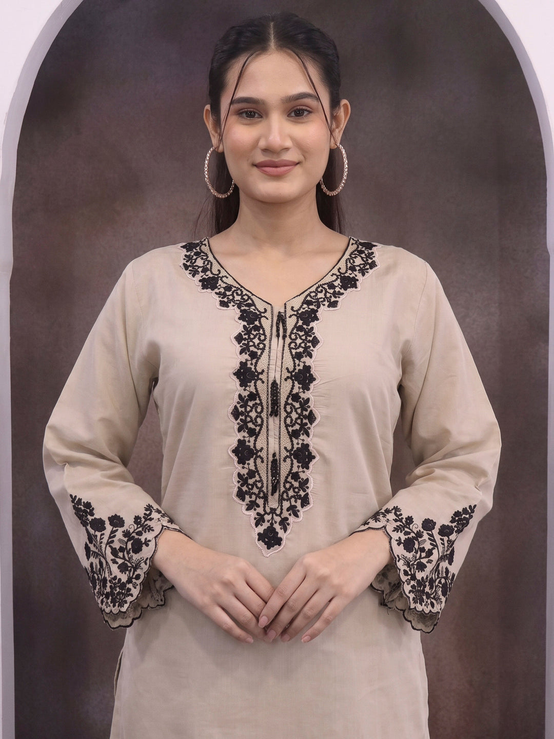 Cream Art Silk Embroidered Semi Stitched Short Kurta With Palazzo &amp; Dupatta