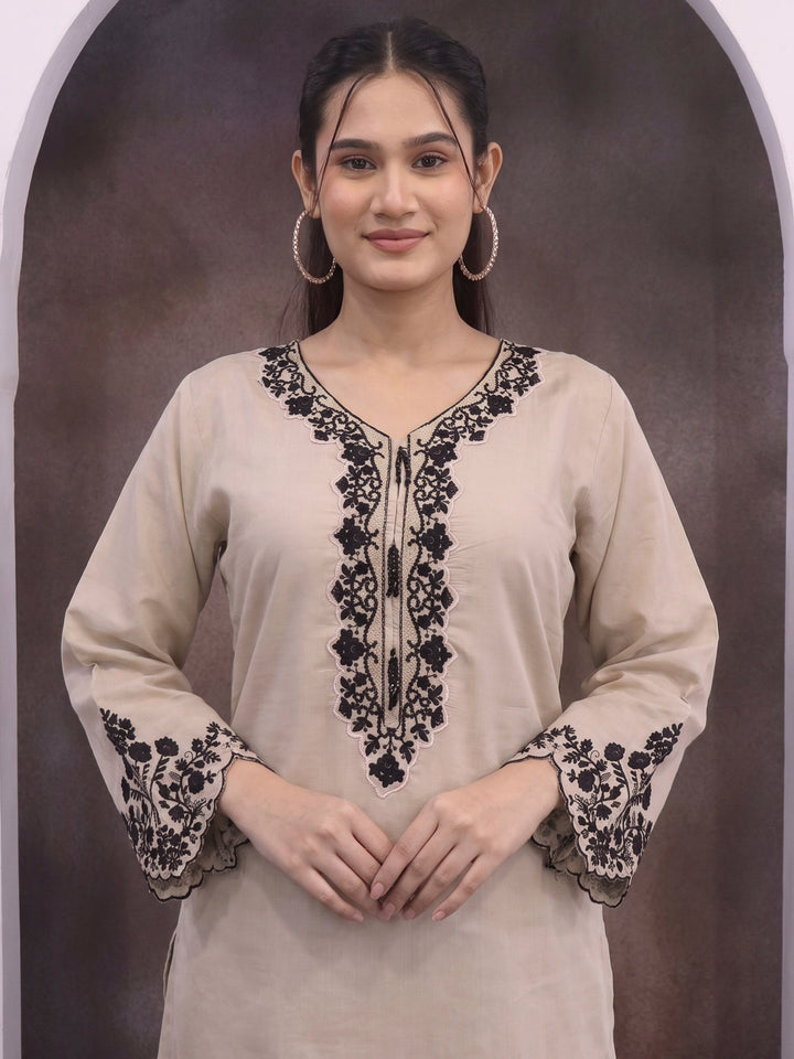 Cream Art Silk Embroidered Semi Stitched Short Kurta With Palazzo &amp; Dupatta