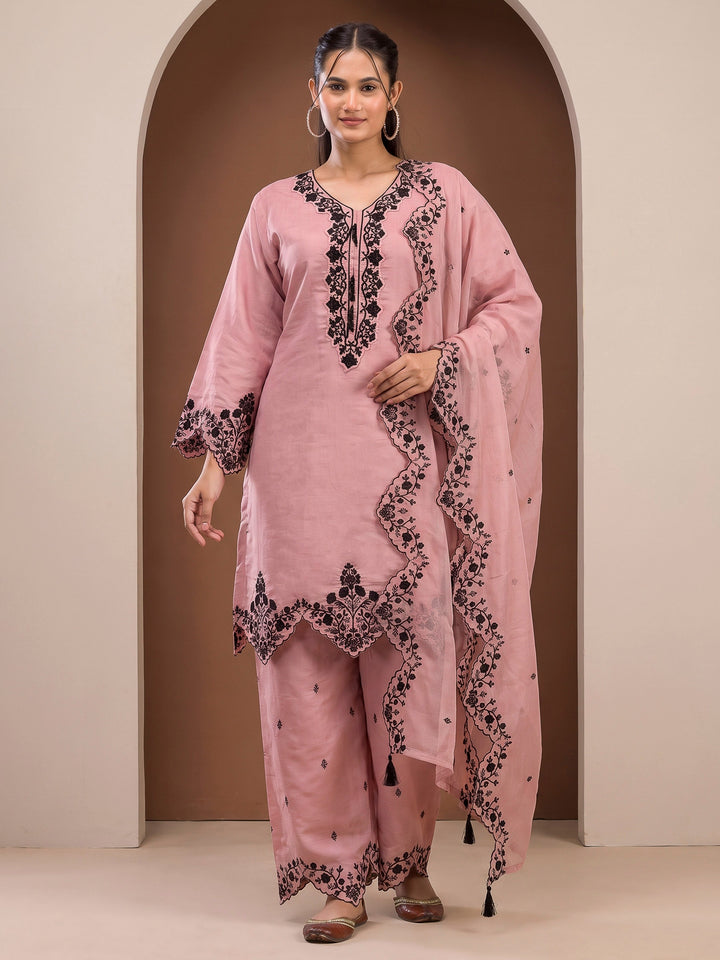 Pink Art Silk Embroidered Semi Stitched Short Kurta With Palazzo &amp; Dupatta