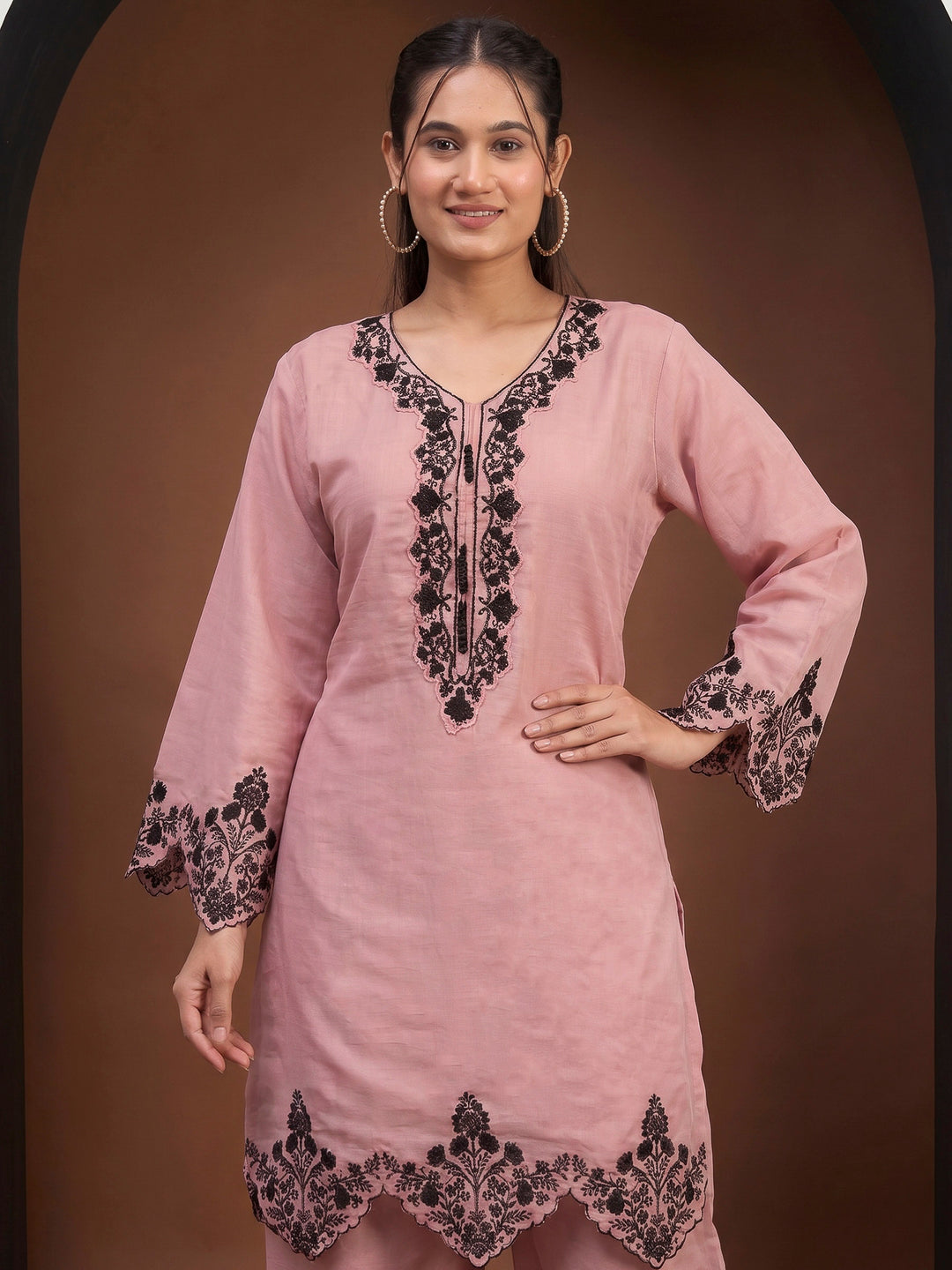 Pink Art Silk Embroidered Semi Stitched Short Kurta With Palazzo &amp; Dupatta