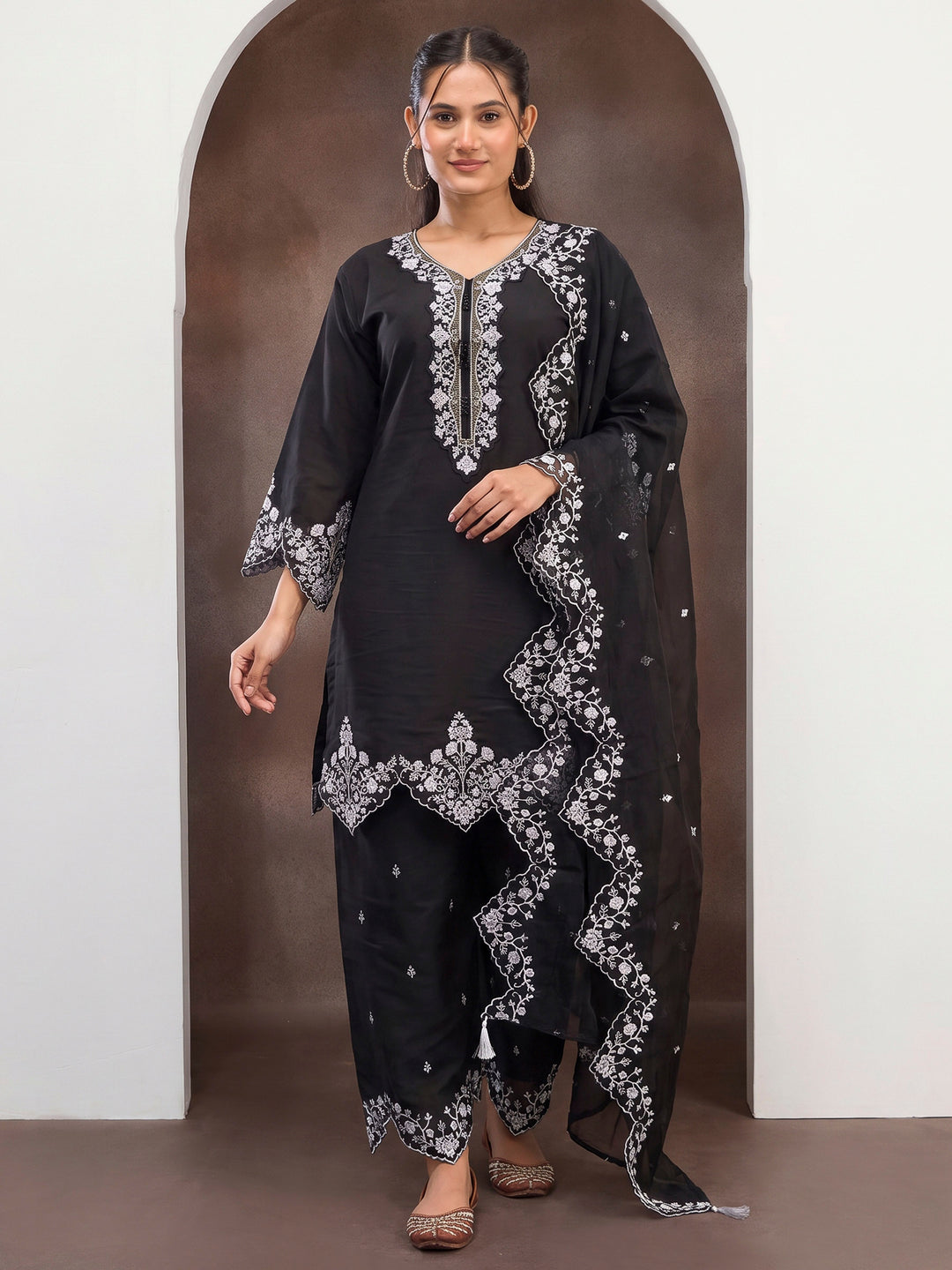 Black Art Silk Embroidered Semi Stitched Short Kurta With Palazzo &amp; Dupatta