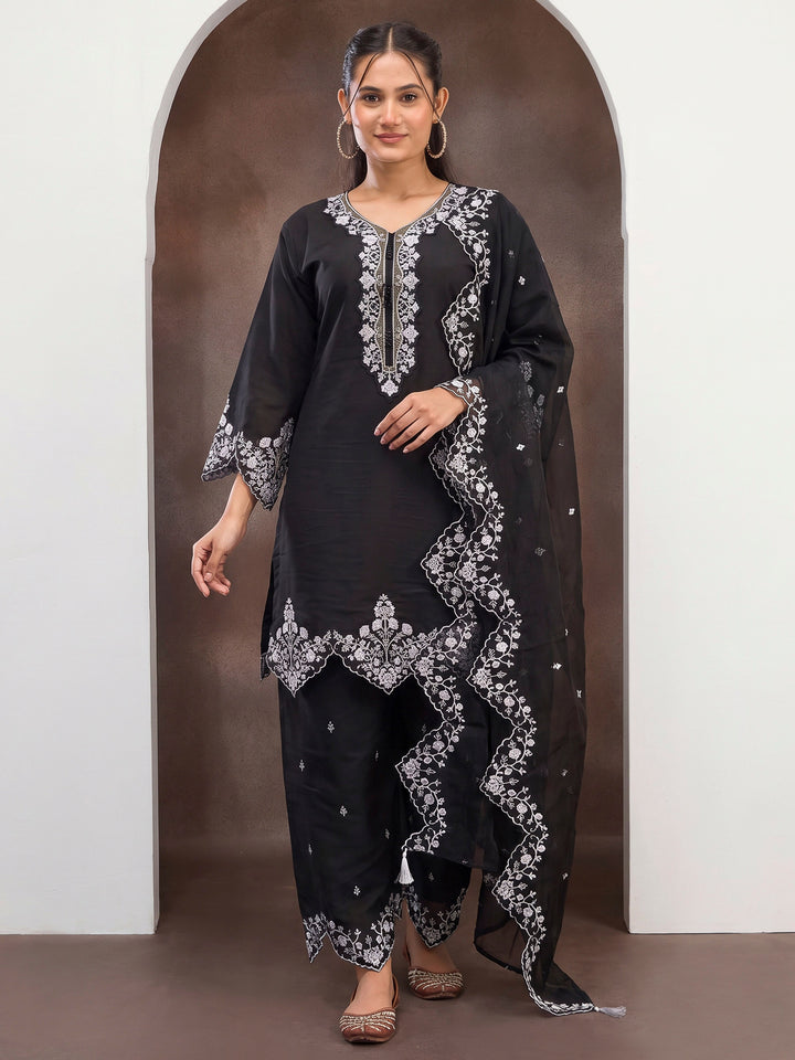 Black Art Silk Embroidered Semi Stitched Short Kurta With Palazzo &amp; Dupatta
