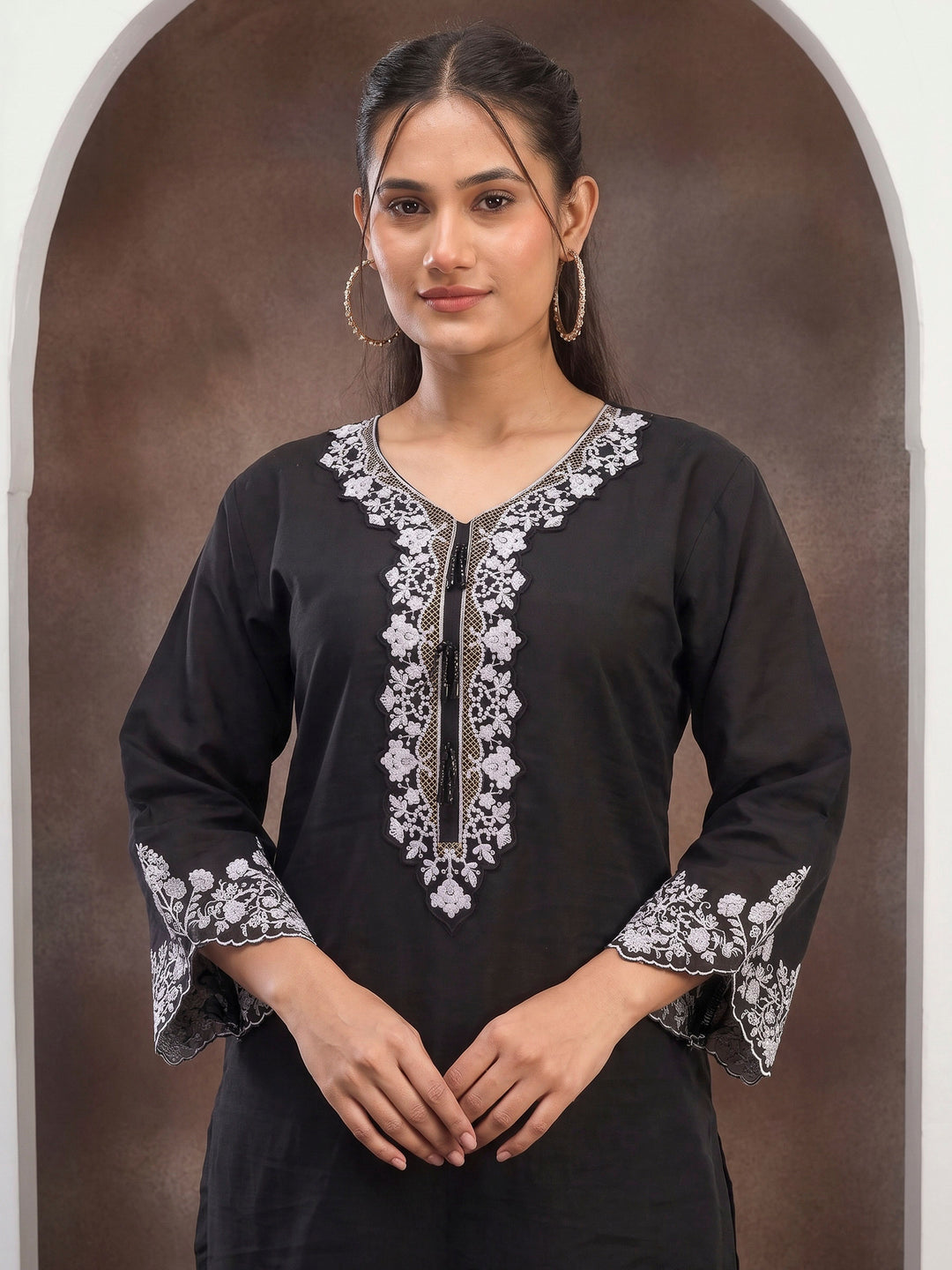 Black Art Silk Embroidered Semi Stitched Short Kurta With Palazzo &amp; Dupatta