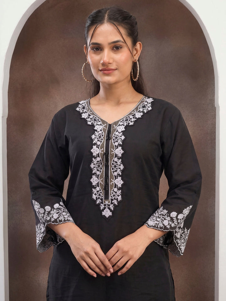 Black Art Silk Embroidered Semi Stitched Short Kurta With Palazzo &amp; Dupatta