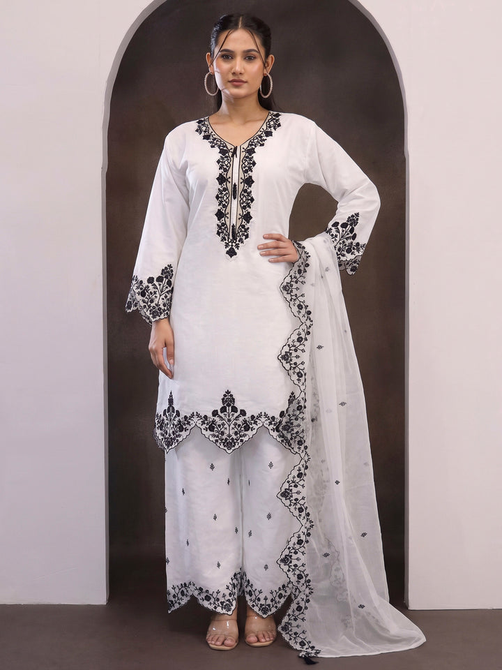 White Art Silk Embroidered Semi Stitched Short Kurta With Palazzo &amp; Dupatta