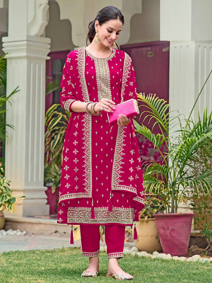 Rani Georgette Embroidered Semi Stitched Straight Kurta With Pant &amp; Dupatta