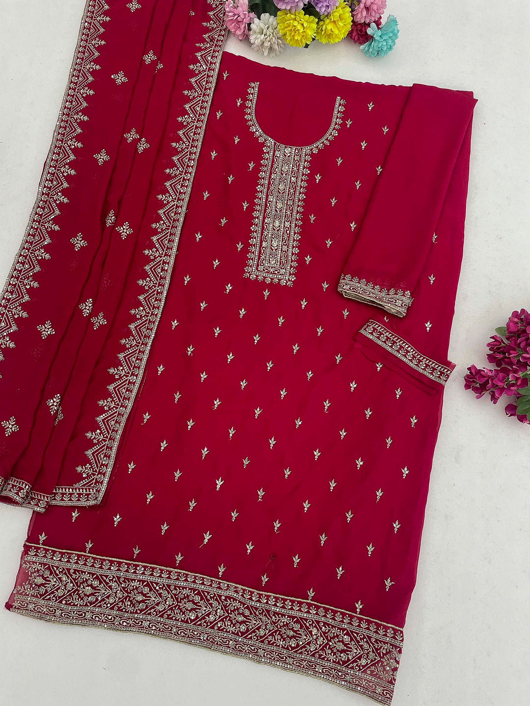 Rani Georgette Embroidered Semi Stitched Straight Kurta With Pant &amp; Dupatta