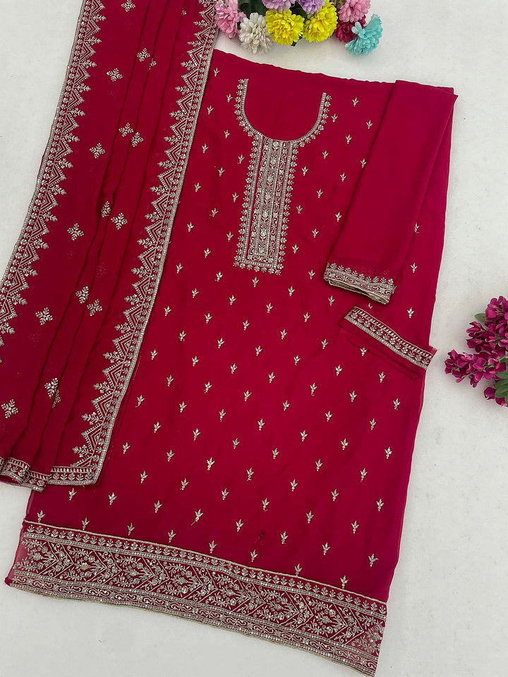 Rani Georgette Embroidered Semi Stitched Straight Kurta With Pant &amp; Dupatta