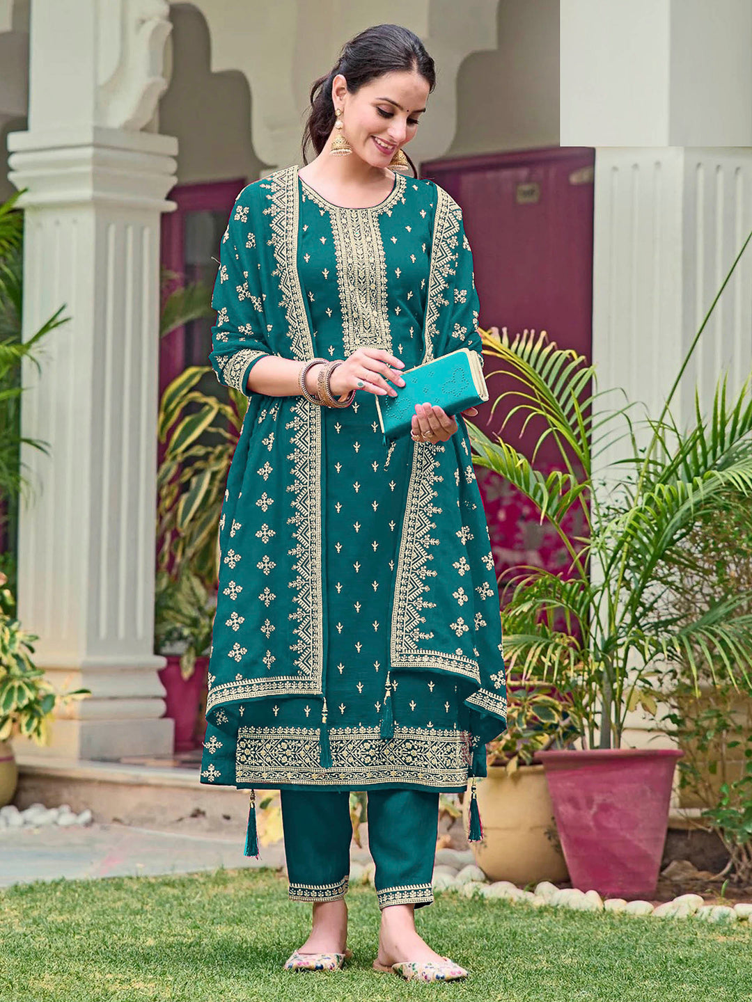 Teal Blue Georgette Embroidered Semi Stitched Straight Kurta With Pant &amp; Dupatta