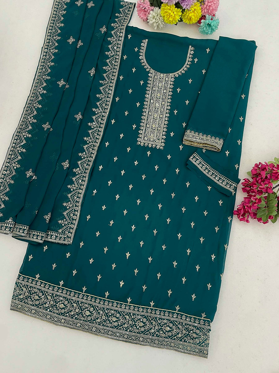 Teal Blue Georgette Embroidered Semi Stitched Straight Kurta With Pant &amp; Dupatta